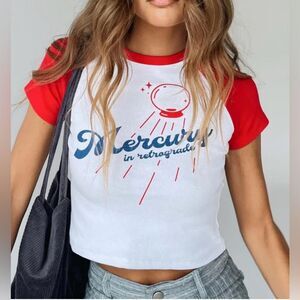 Mercury In Retrograde Crop Baby Tee White‎ Red Raglan Baseball Astrology Size M